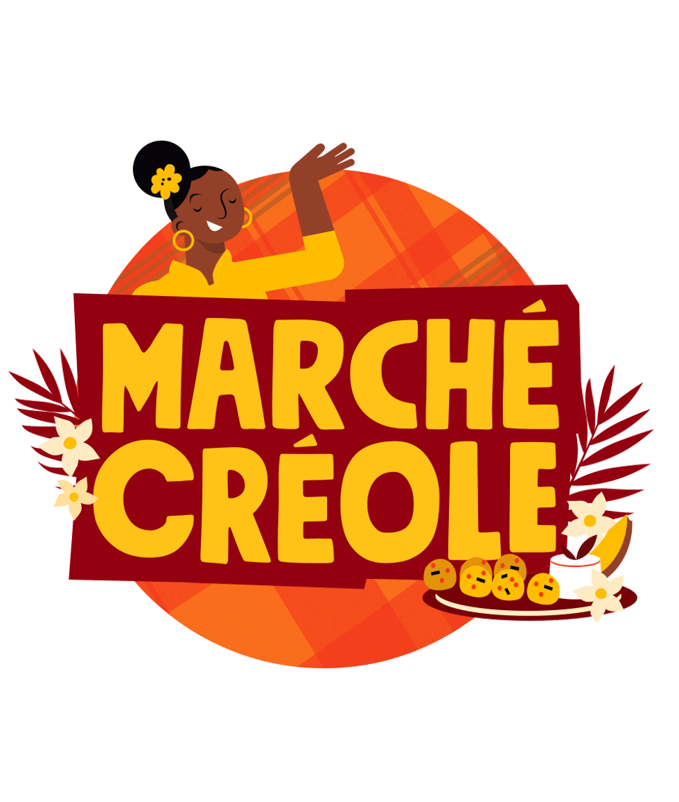 An orange and yellow graphic featuring the words "March\u00e9 Cr\u00e9ole".