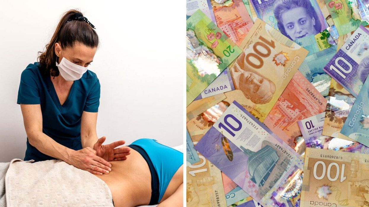 An osteopath works with a patient. Right: a stack of Canadian money.