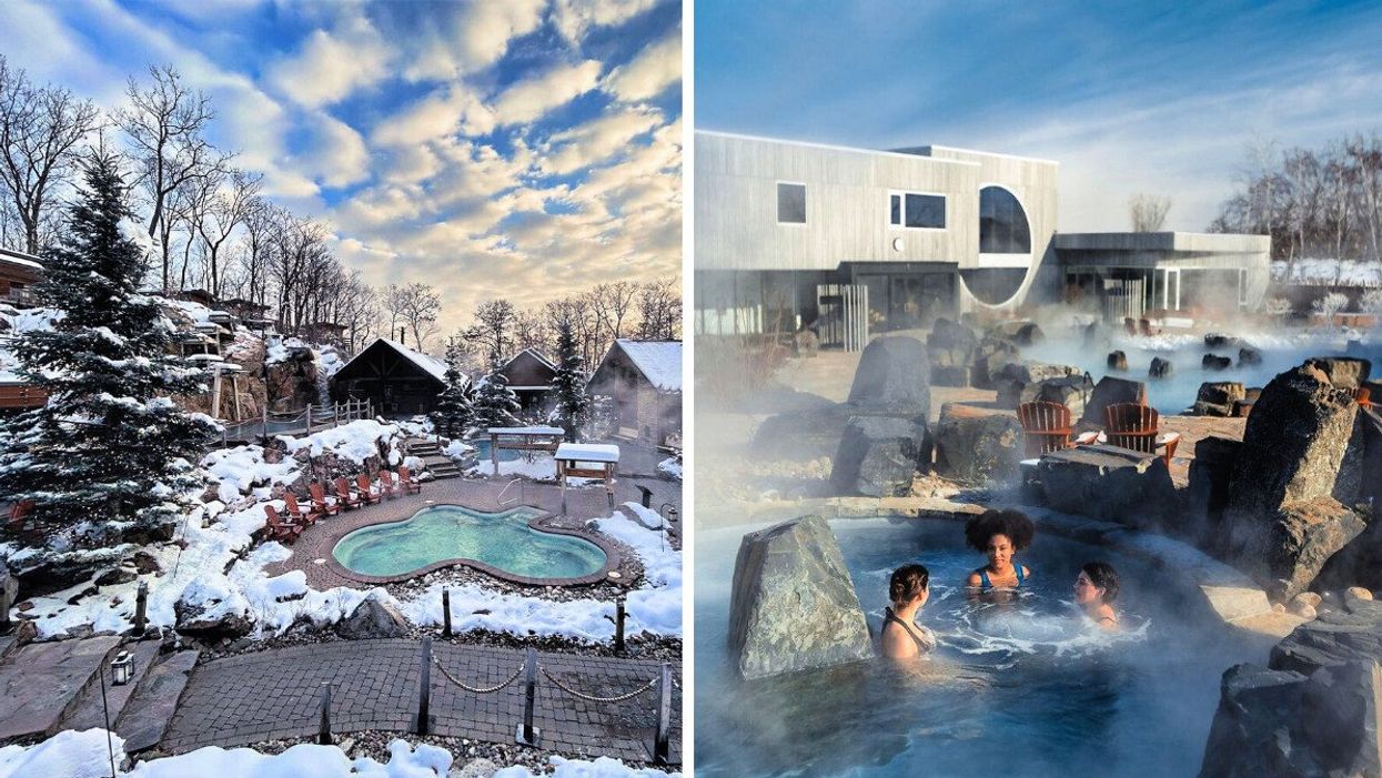 An outdoor pool surrounded by snow at Nordik Spa. Right: Three people in a heated bath Förena Cité Thermale.