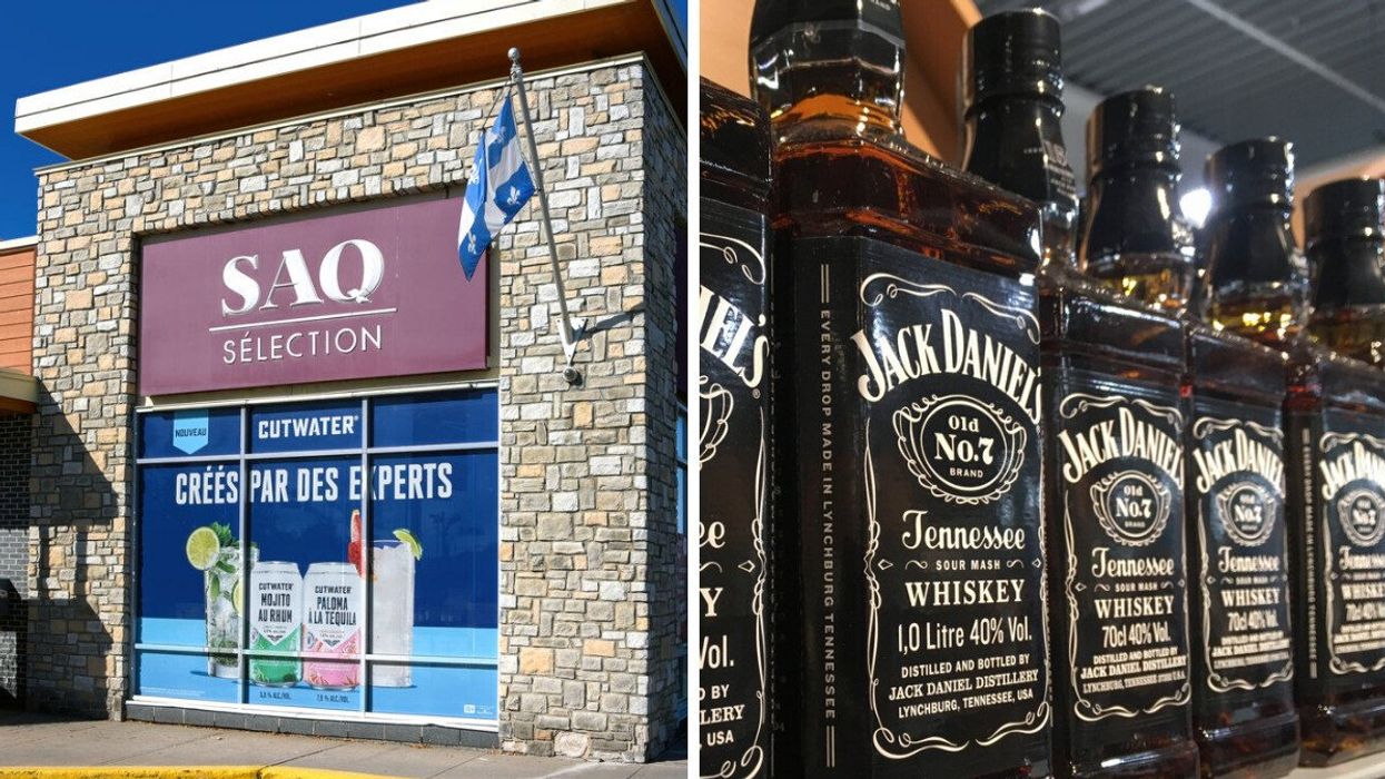 An SAQ store in Quebec. Right: Bottles of Jack Daniel's whisky on a shelf.