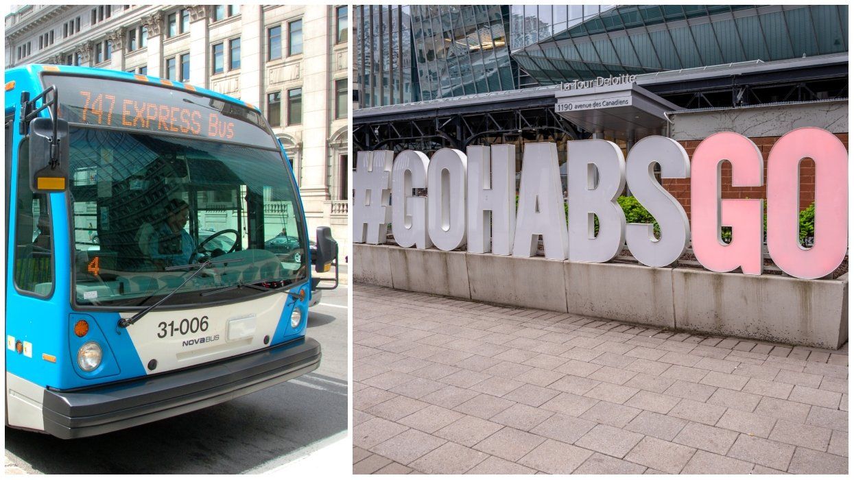 An STM bus in Montreal. RIght: A #GoHabsGo sign in Montreal.