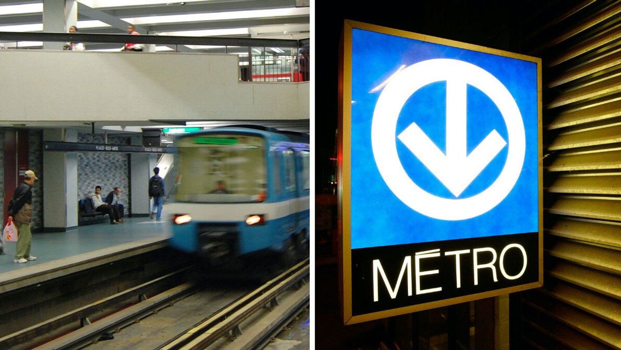 An STM metro train pulls into the Place-des-Arts station. Right: A Metro sign.