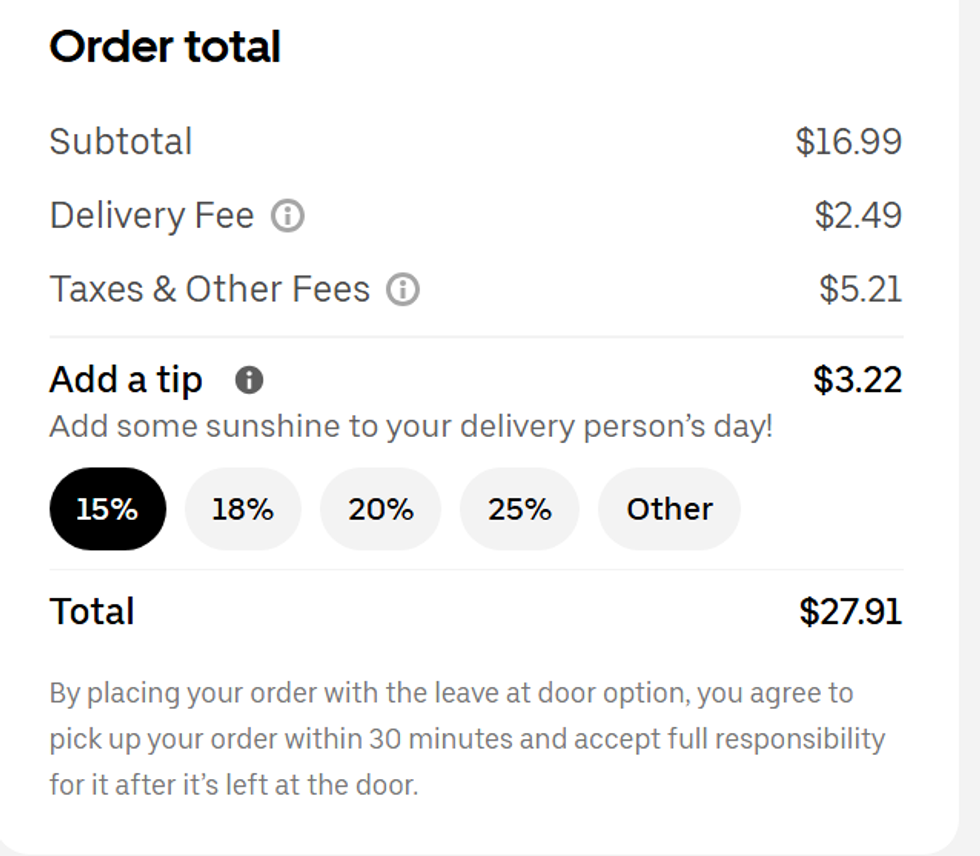 An Uber Eats checkout screenshot.