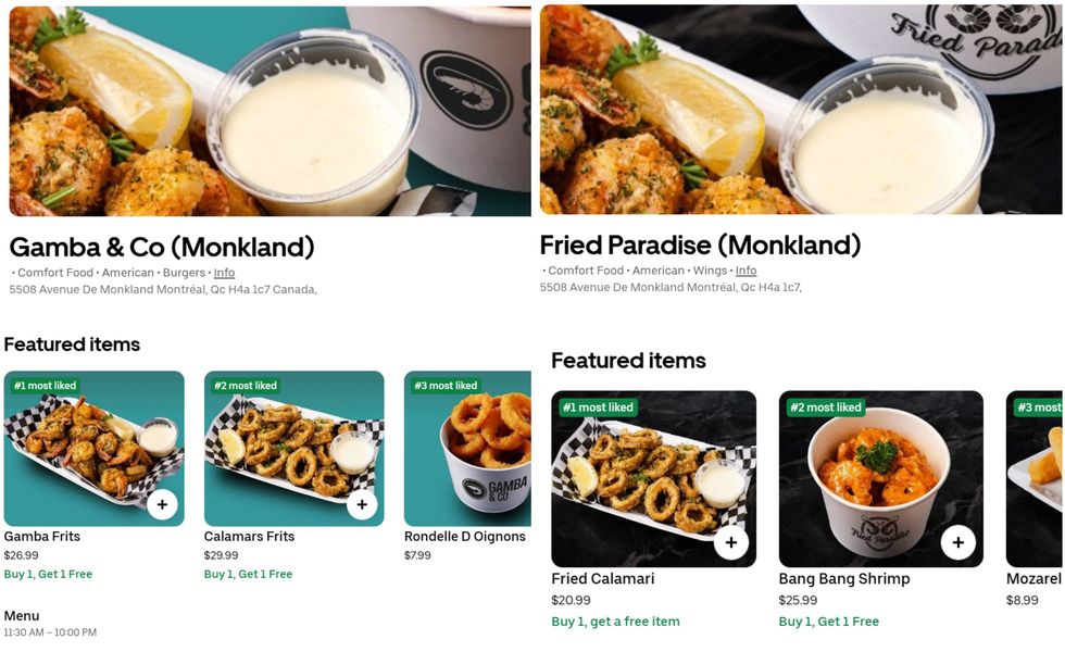An Uber Eats menu for a Montreal ghost kitchen.