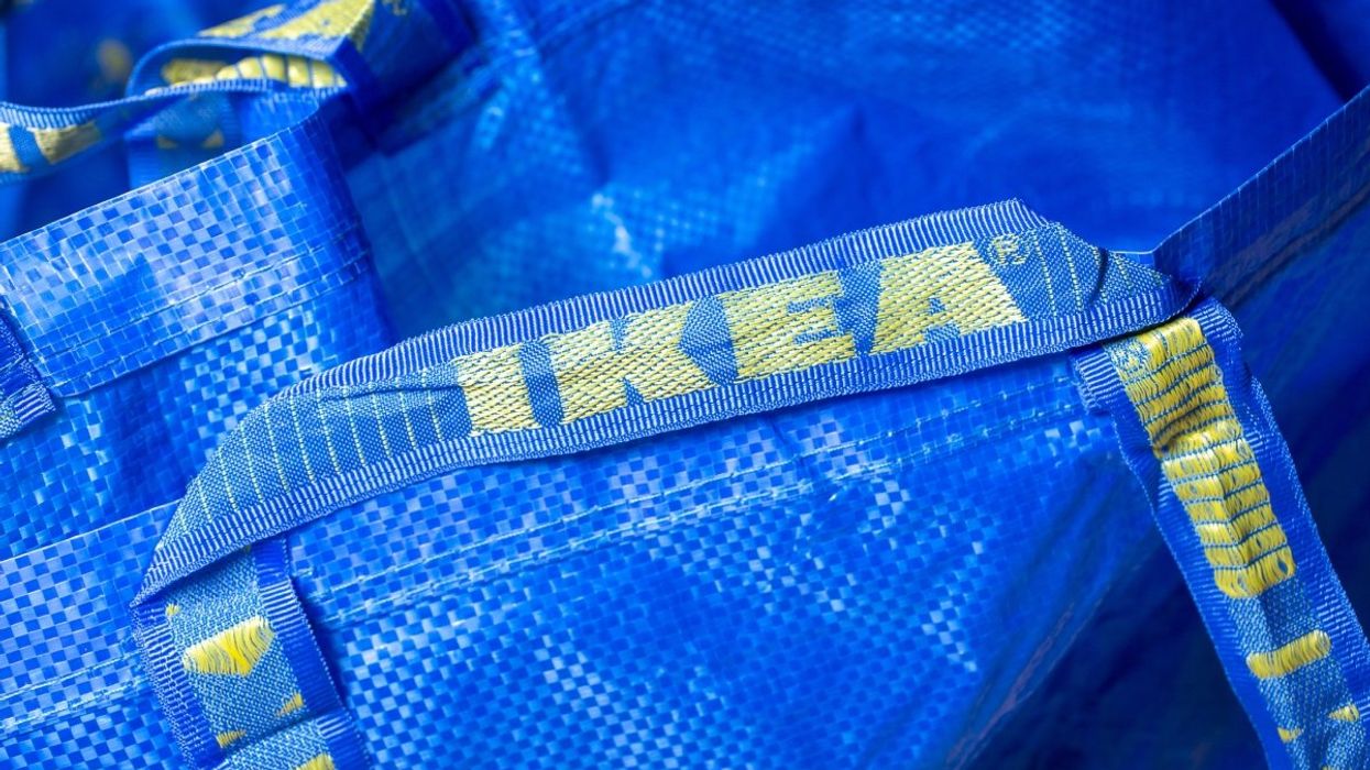 An unclose photo of IKEA's giant blue plastic bag.