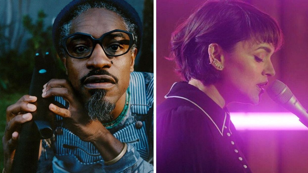 Andre 3000 in black glasses and overalls with his flute. Right: Norah Jones sings into a microphone in front of a neon pink light.