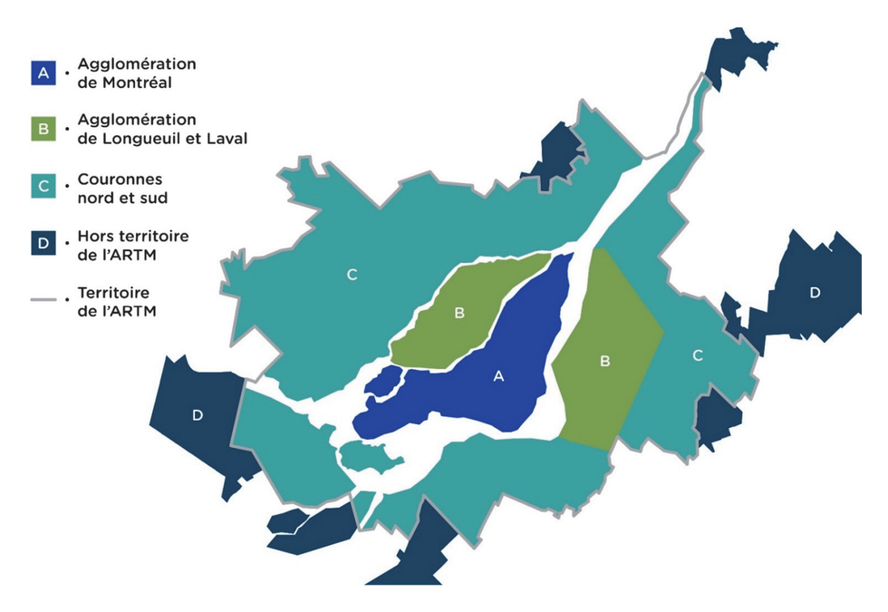 ARTM map of transit fare zones in the Montreal area.