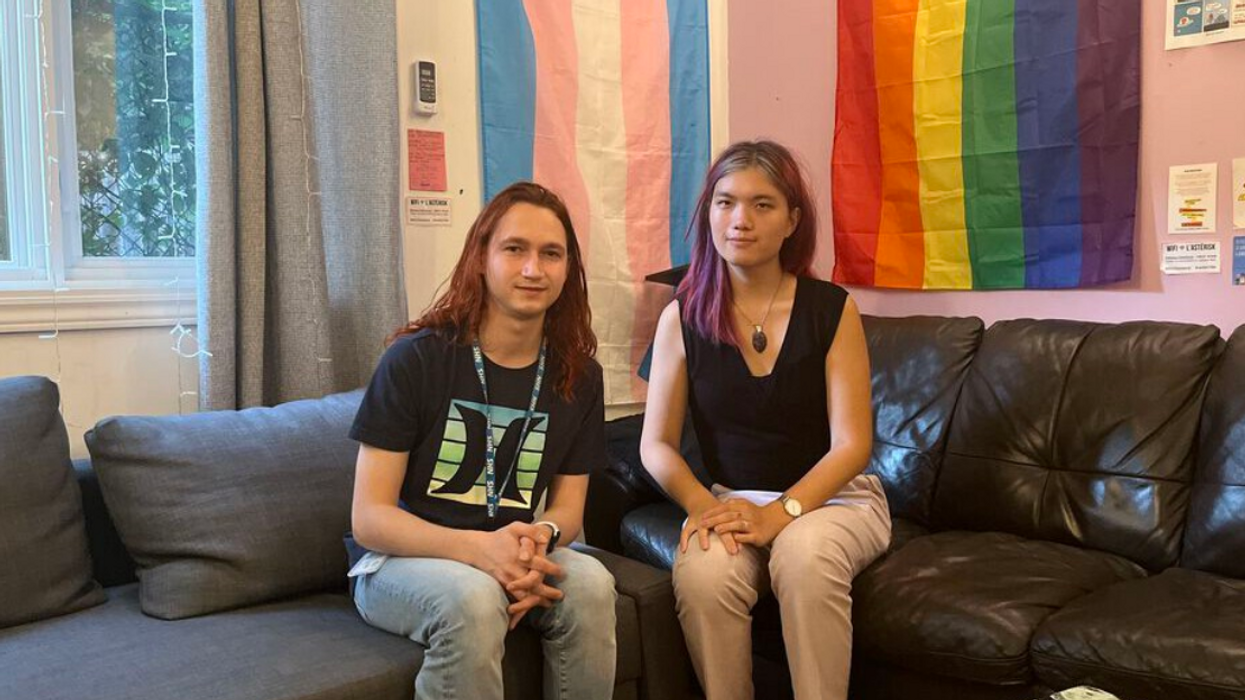 Arwyn Thales, left, and Celeste Trianon, right, sit on couches at the Montreal Trans ID clinic.