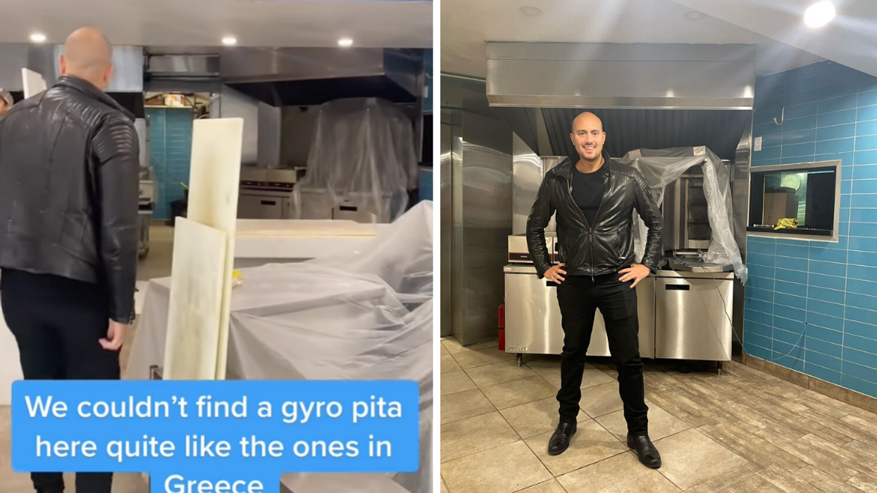 Atsaidis entering the location of his new restaurant. Right: Atsaidis posing inside.