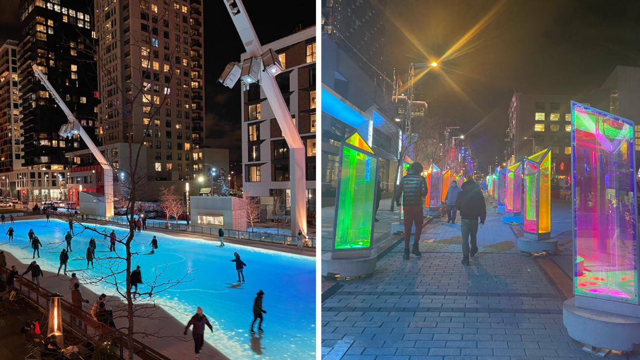 Au bord du lac tranquille on the ice skating rink at Esplanade Tranquille. Right: Prismatica by RAW Design.