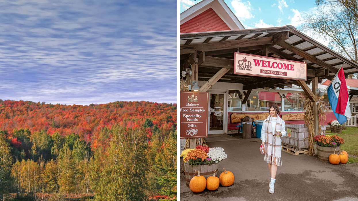 Autumn trees in the Eastern Townships. Right: Someone stands in front of a Vermont cider mill.