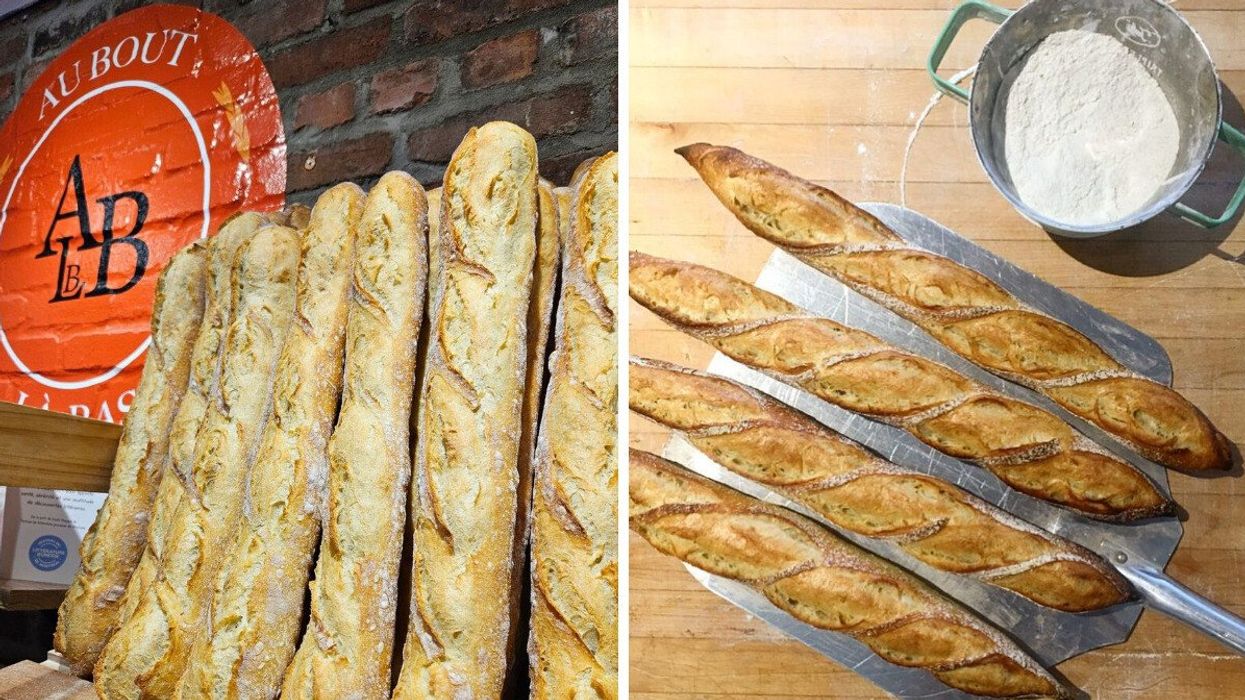 Baguettes from Au Bout La Bas and Farine et Vanille next to a bowl of flour.