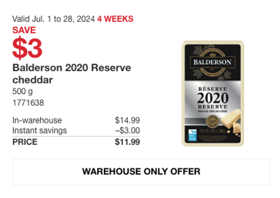 Balderson 2020\u200b Reserve Cheddar on sale at Costco.