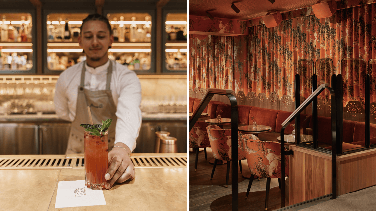 Bartender serving a pink cocktail with mint. Right: Restaurant interior with red decor and booth seating.