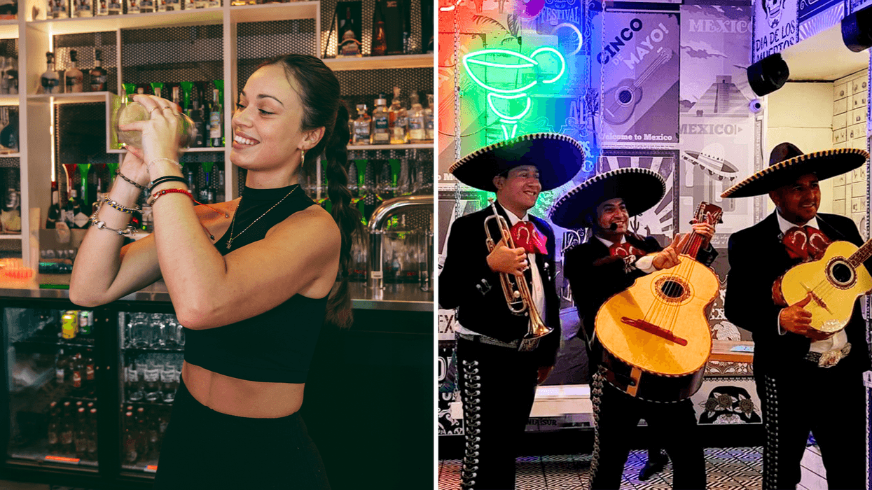 Bartender shaking drink at bar. Right: Mariachi musicians playing live indoors.