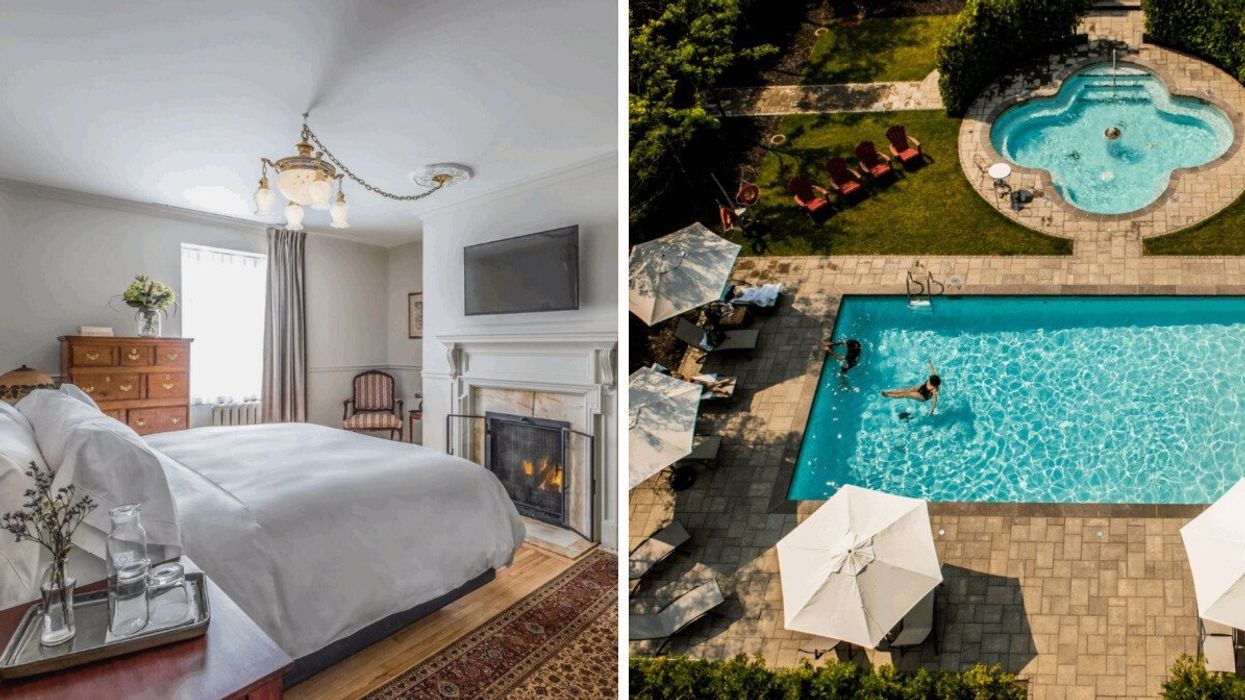 bed in a hotel room with a cozy fireplace. Right: 2 pools and chairs in the backyard of a hotel.