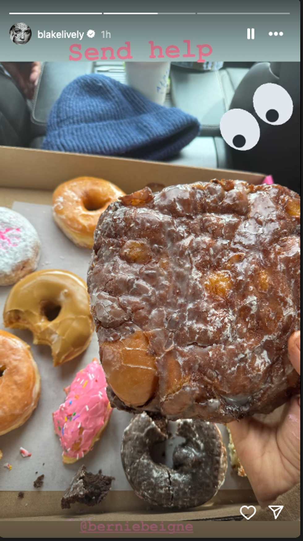 Bernie Beigne donuts, apple fritter in focus, posted to Blake Lively's Instagram stories.