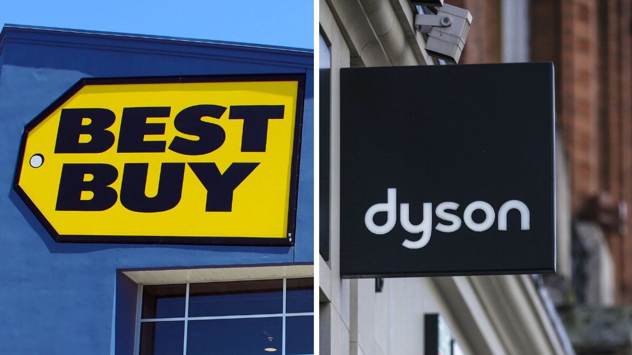 Best Buy storefront. Right: Dyson sign.