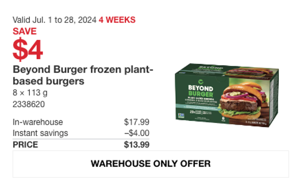 Beyond Burger frozen plant-based burgers on sale at Costco.