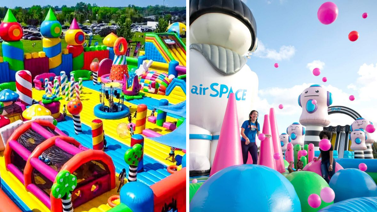 Big Bounce Canada's inflatable bouncy castle theme park. Right: People jumping around the Air Space zone.