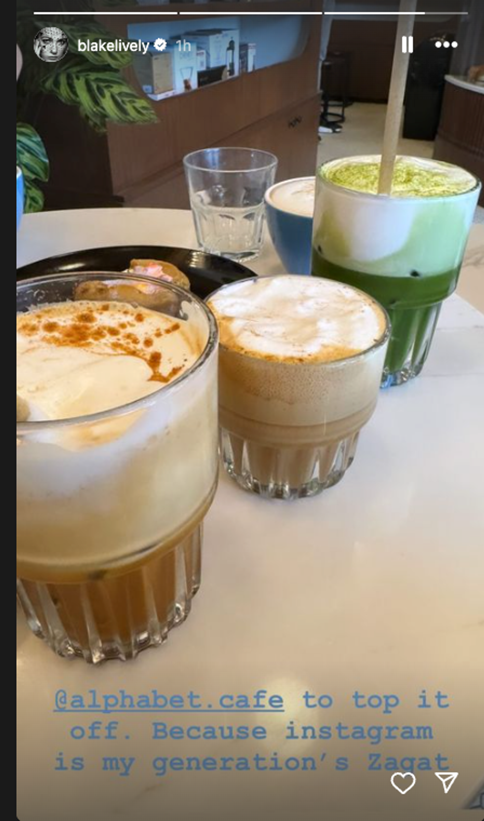 Blake Lively's order from Caf\u00e9 Alphabet featuring multiple Freddo coffee drinks.