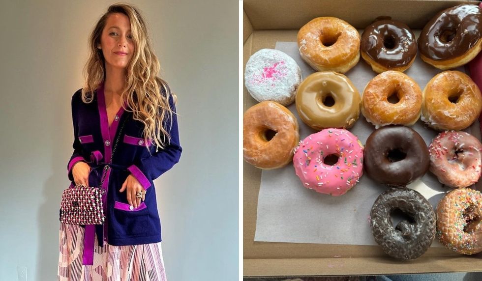 Blake Lively smiling in a photo wearing a pink skirt, and handbag matched with a fuchsia and navy cardigan. Right: A box of 13 doughnuts from Bernie Beigne.