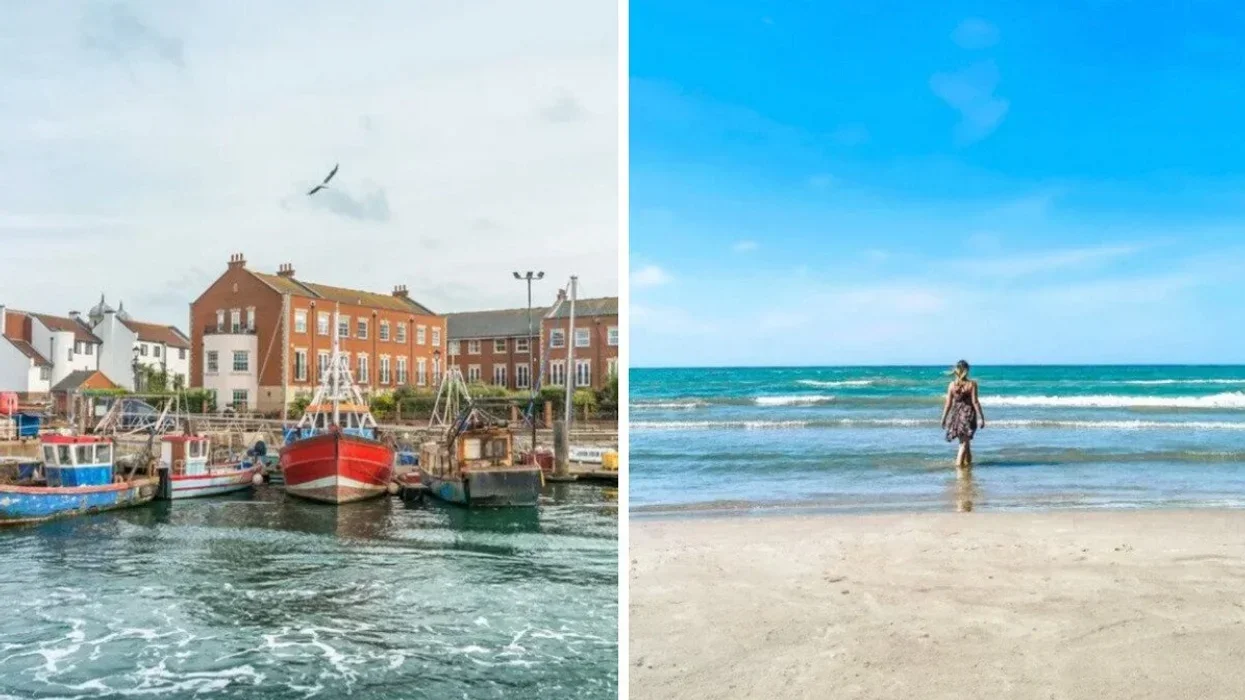 Boats on the water. Right: A person stands on the beach.