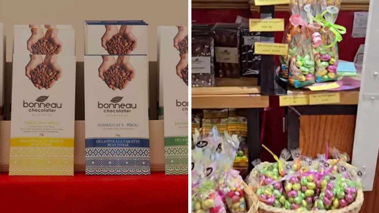 Bonneau chcocolate bars. Right: The inside of a Montreal chocolate business ahead of Easter.