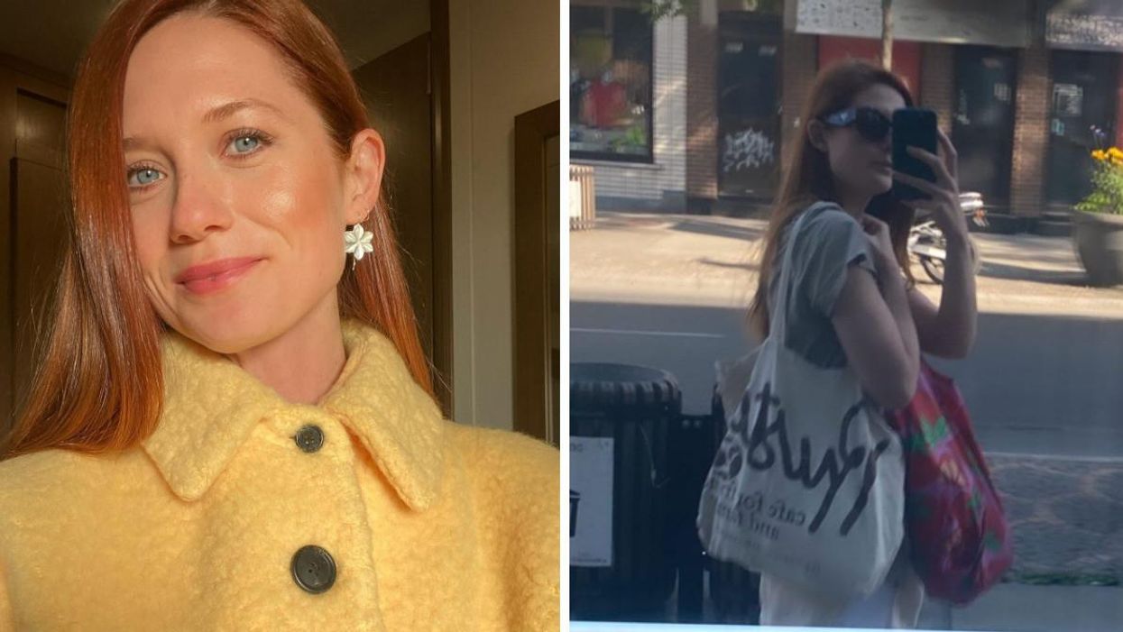 Bonnie Wright. Right: Bonnie Wright takes a selfie in the reflection of a Montreal shop window.