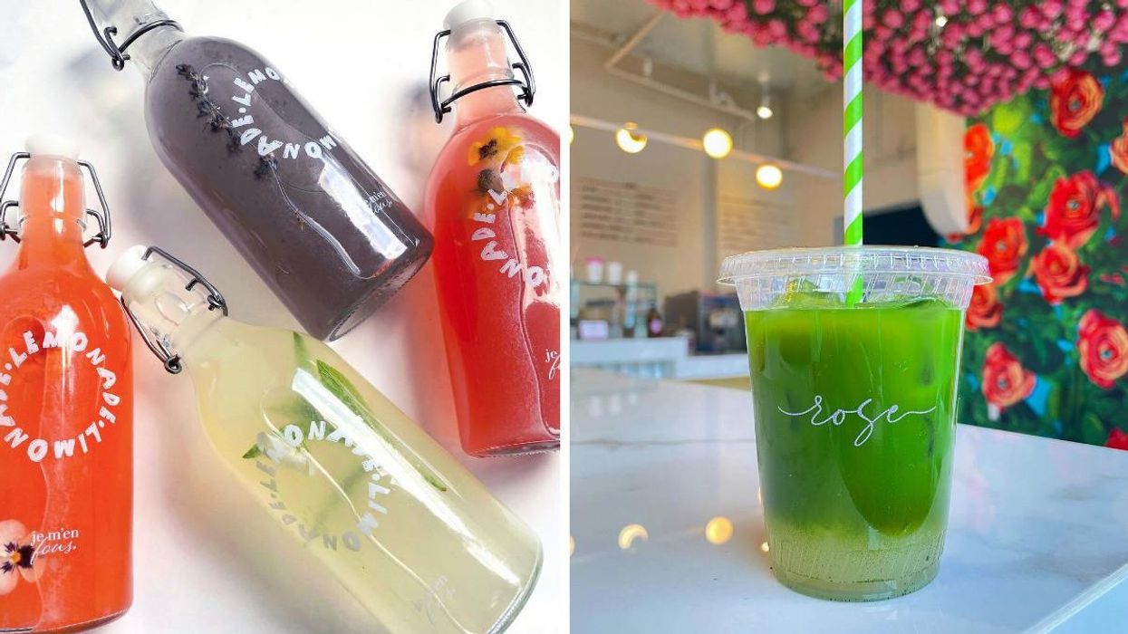 Bottles of colourful flavoured lemonade from Je m'en fous. Right: A bright green matcha lemonade from Rose Café.