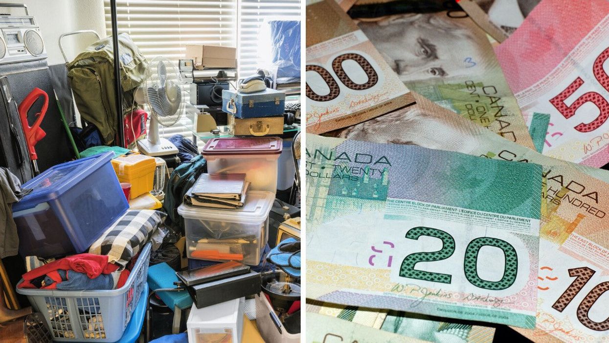 Boxes of junk stacked on top of each other. Right: Canadian banknotes.