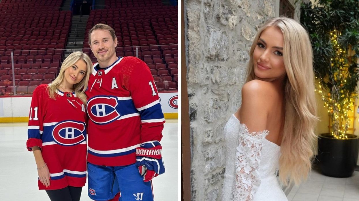 Brendan Gallagher and Emma Fortune wearing matching Habs jerseys. Right: Emma Fortin posting in a lace white dress.