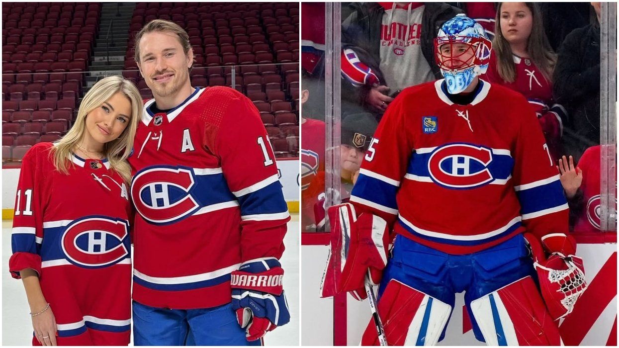 Brendan Gallagher poses with his wife in Habs gear. Right: Canadiens goalie Jakub Dobes warms up for a game.