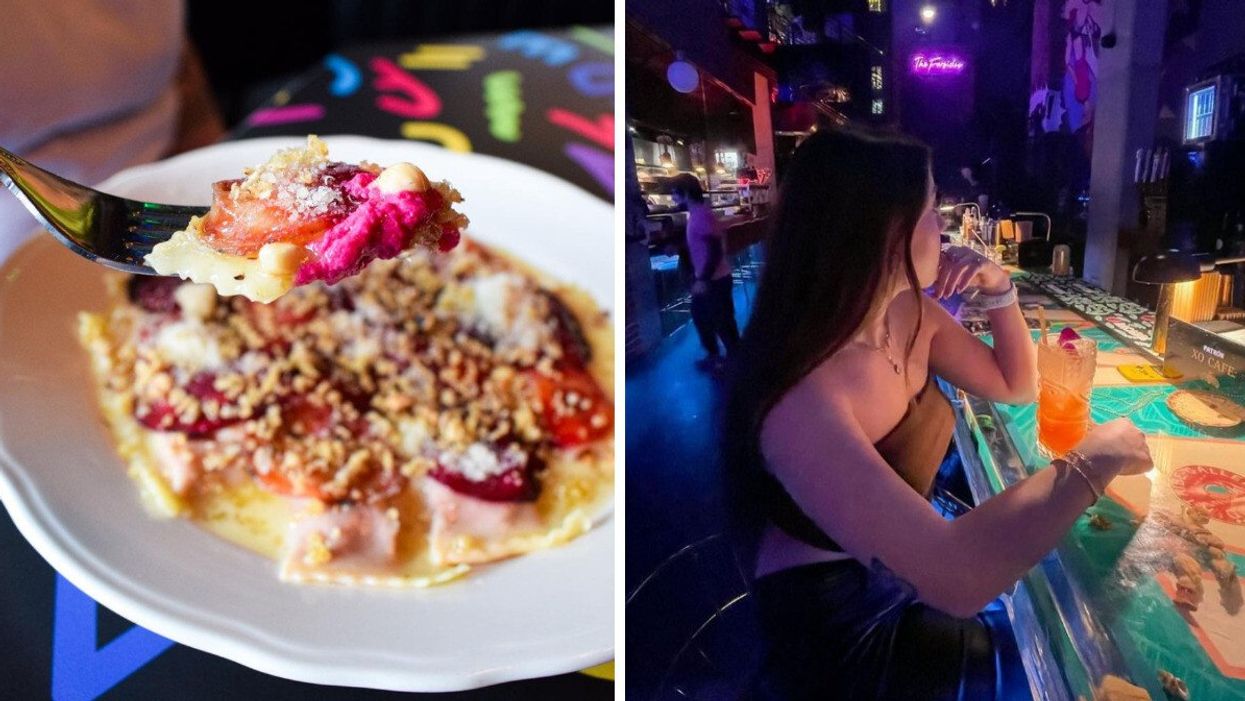 Bright pink beet ravioli from Fugazzi Pizza. Right: Someone at the neon-lit Farsides bar with a tropical drink.