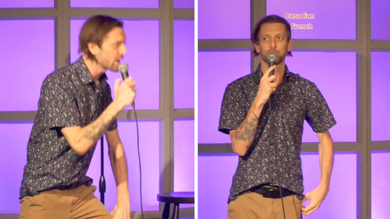 BryanOJokes doing a stand-up set making fun of the Quebec accent.