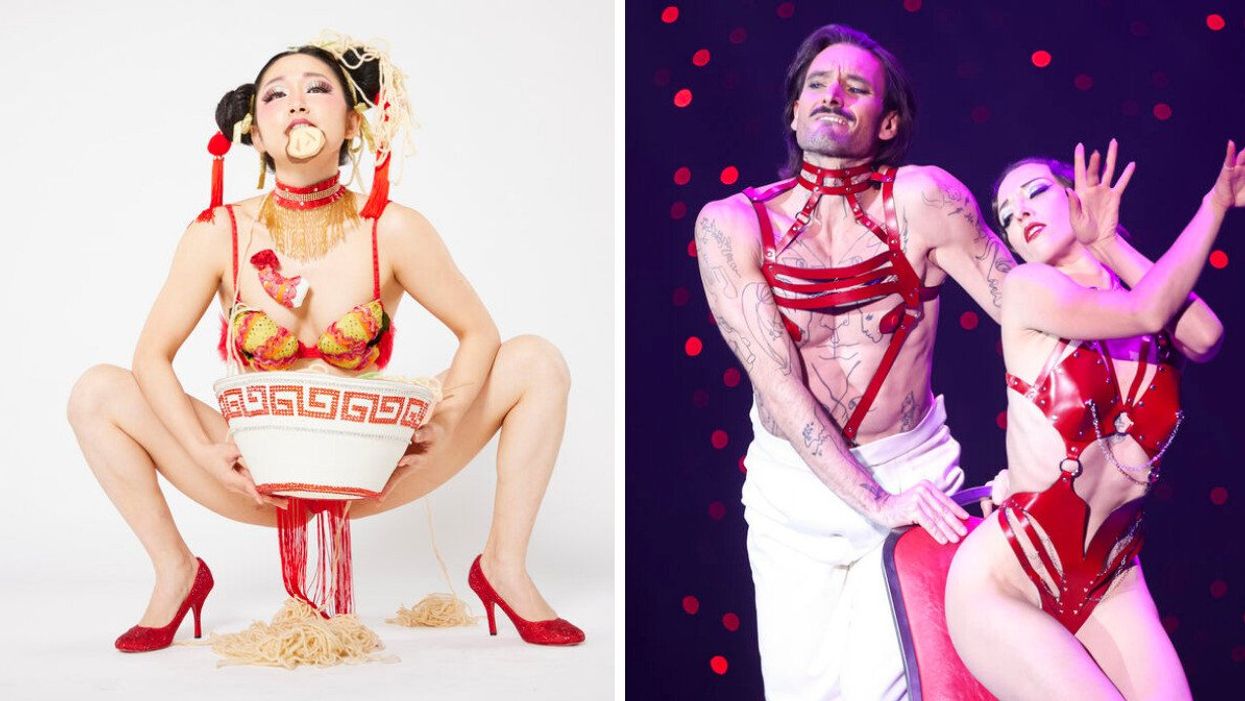 Burlesque artist Mecav covered in noodles and holding a ramen bowl. Right: Performers Vicomte Harbourg and Chanelle De Mai in red harnesses.