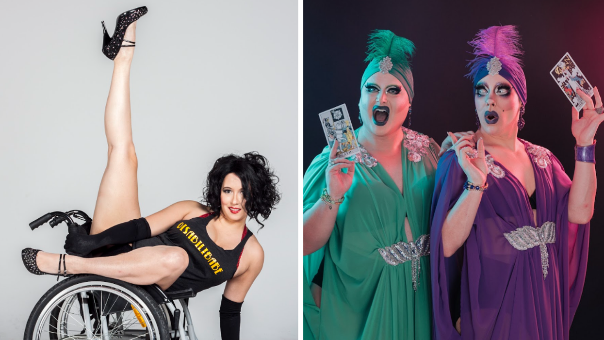 Burlesque performer Jacqueline Boxx lifts a leg while sitting on a wheelchair. Right: Drag queens Selma and Uma Gahd make funny faces while each holding a tarot card.