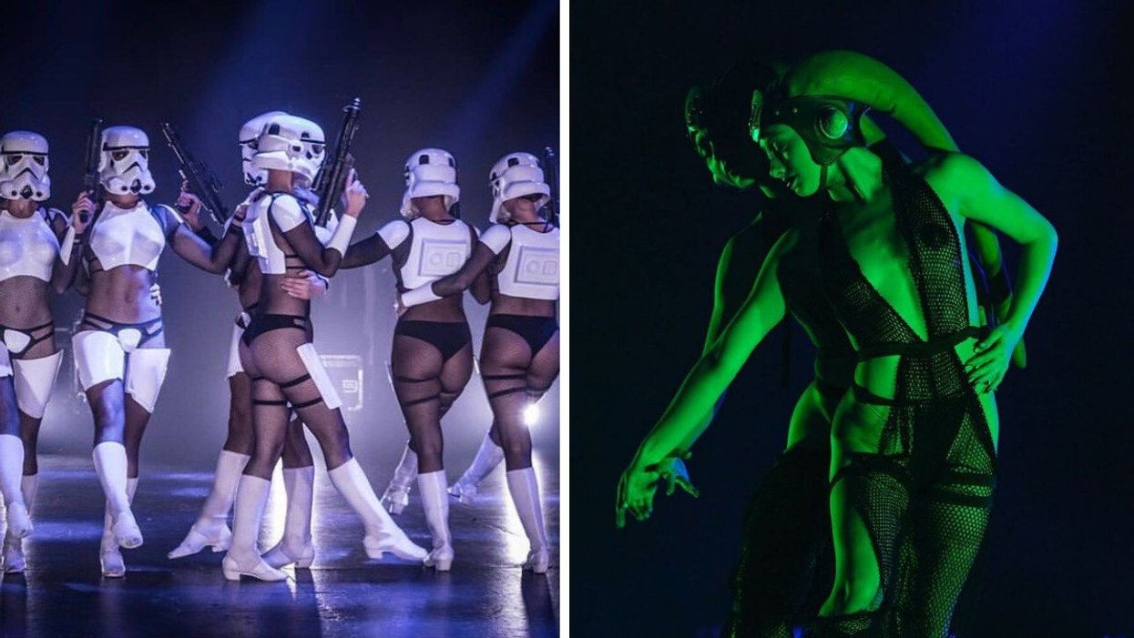 Burlesque performers dressed as stormtroopers. Right: Two green Twi'lek dance on stage.