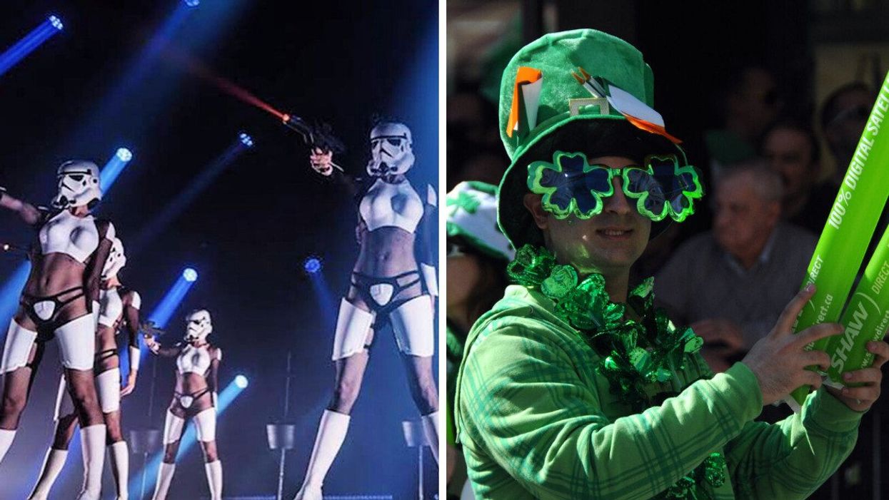 Burlesque stormtroopers on stage. Right: Someone wearing all green at the St-Patrick's Day parade in Montreal.