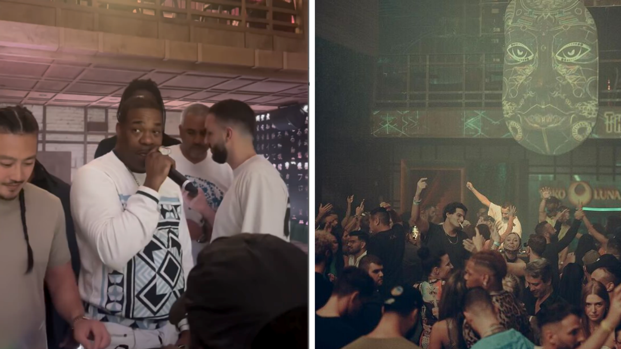 Busta Rhymes stands in a DJ both holding a microphone. Right: People dancing at a Montreal supper club.