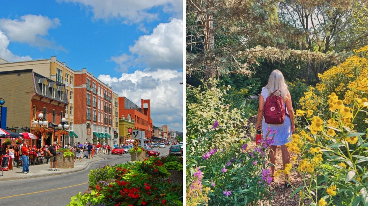 Byward Market in downtown Ottawa on a sunny day. Right: A woman walks through flowers in Ottawa.