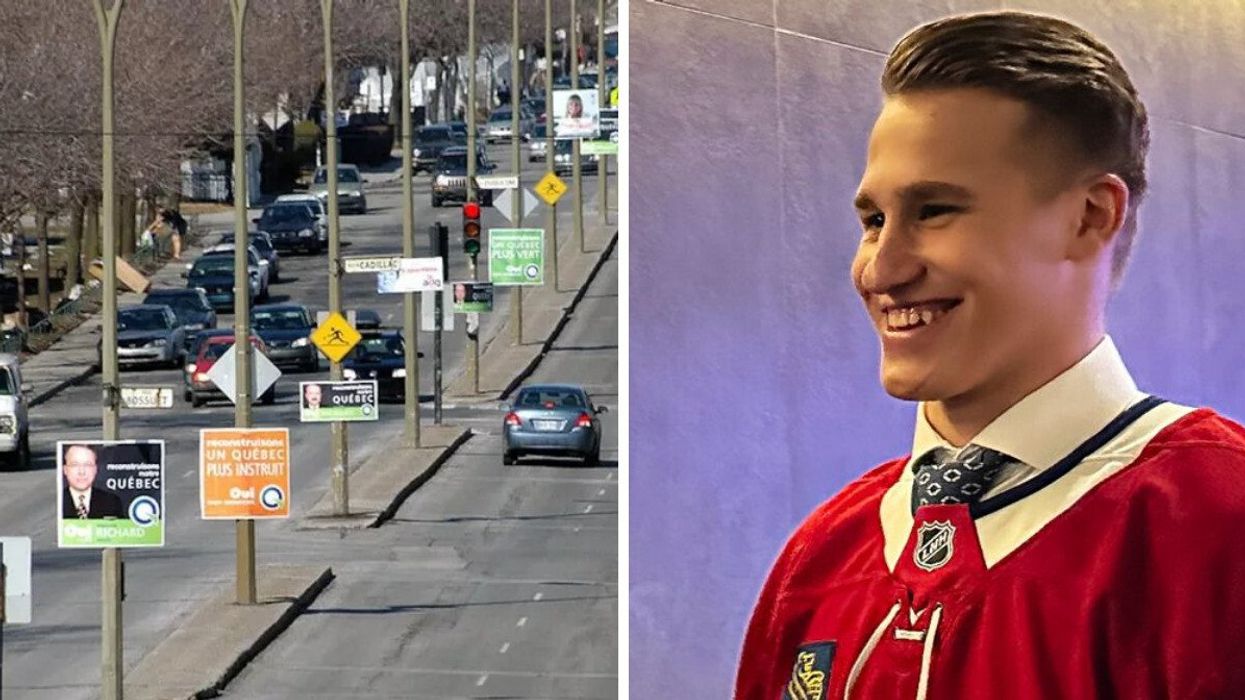 Campaign posters on a Montreal street. Right: Ivan Demidov reacts to being drafted by the Canadiens.