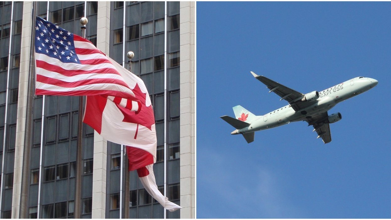 Canada and USA flags. Right: An Air Canada plane.