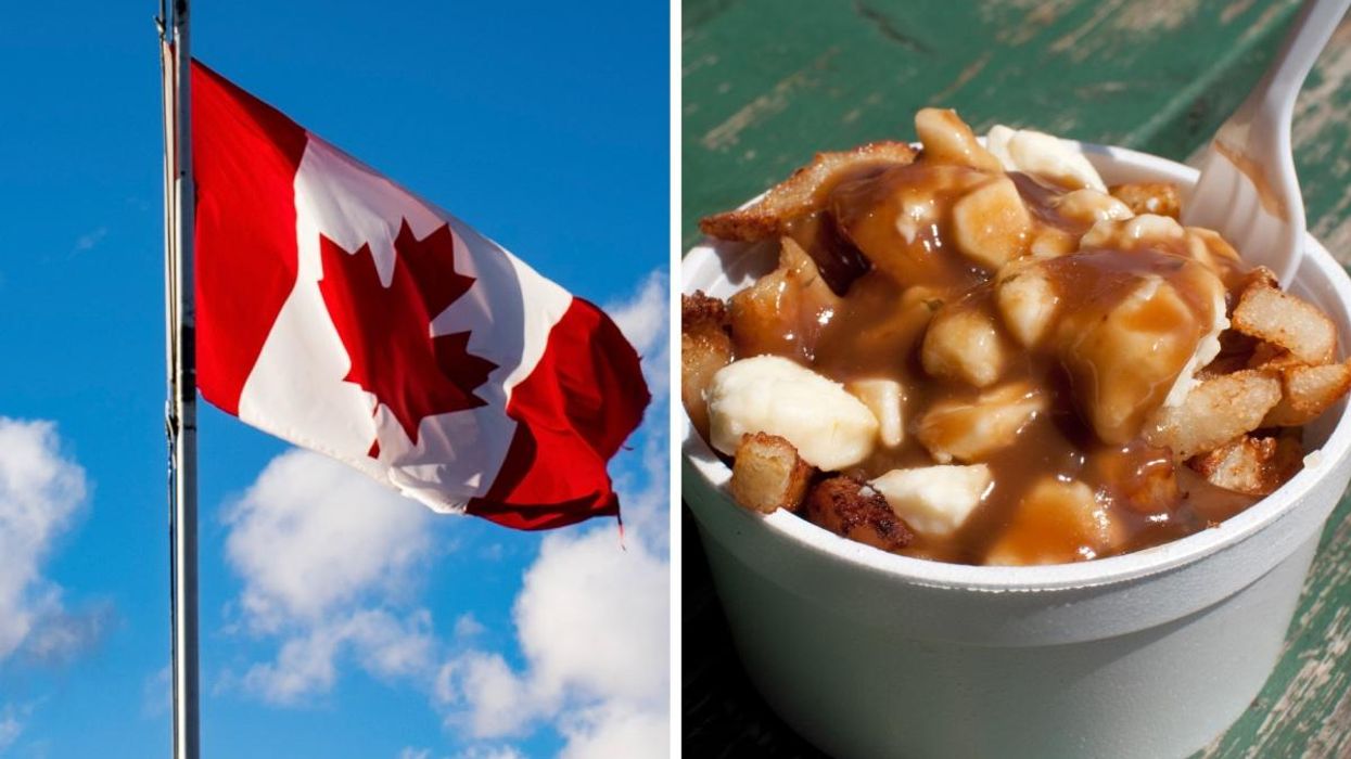Canada flag. Right: Poutine.