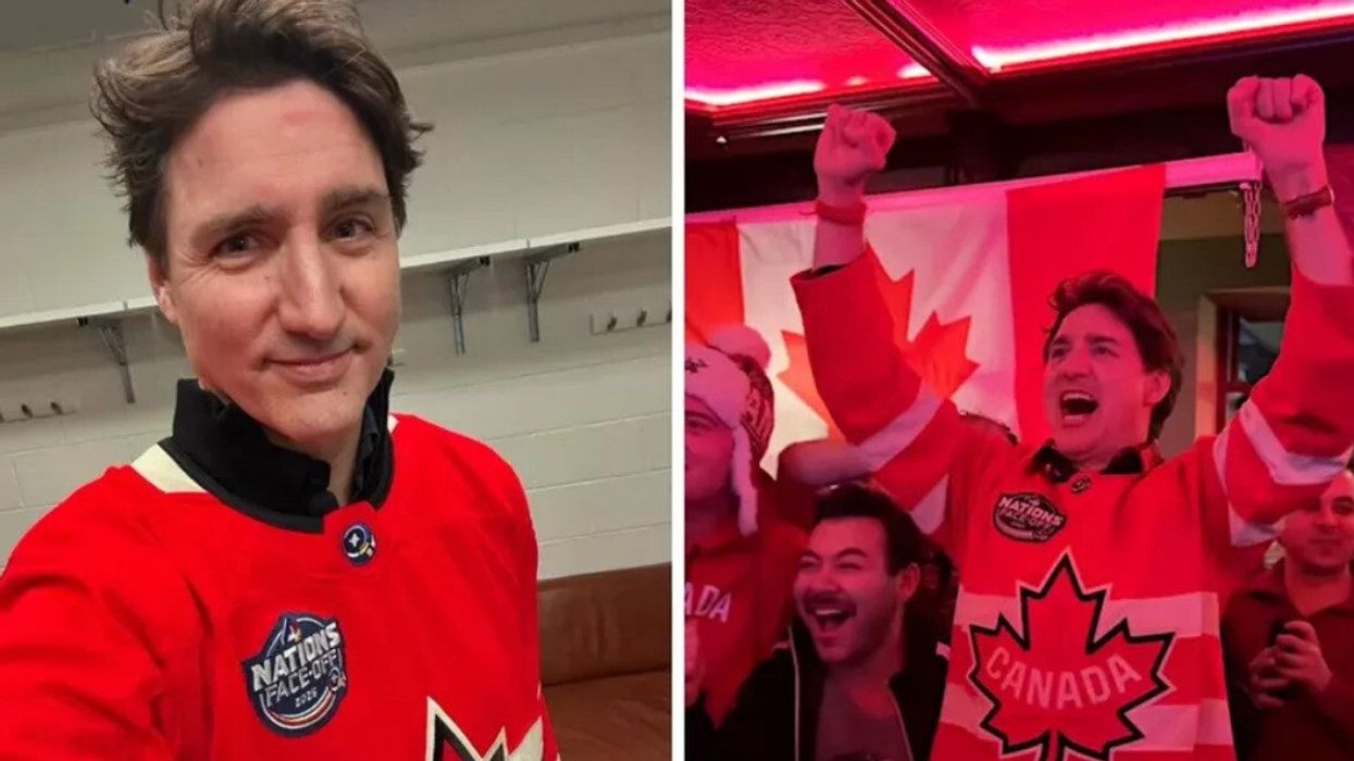Canada PM Justin Trudeau poses for a selfie. Right: Justin Trudeau celebrates a Team Canada victory.