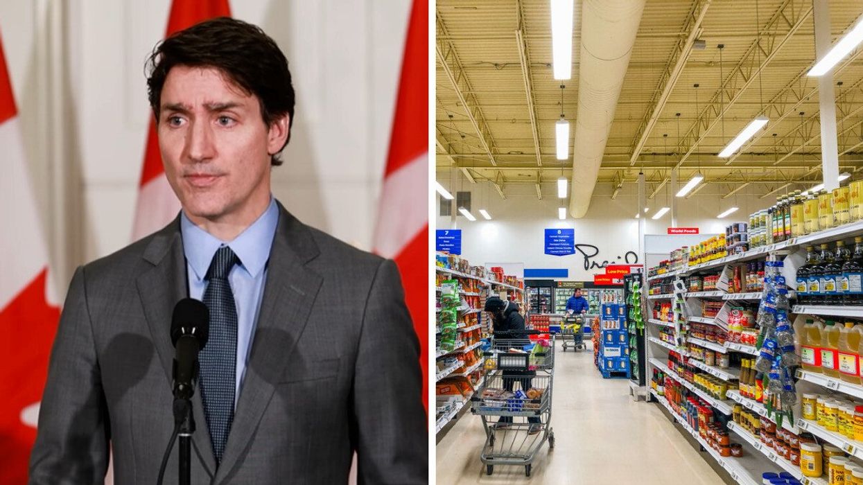 Canada Prime Minister Justin Trudeau. Right: An aisle in a Canadian grocery store.