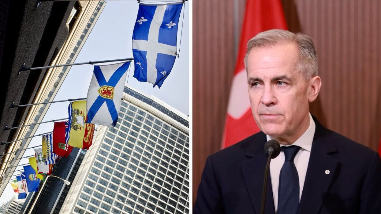 Canada's provincial flags. Right: Mark Carney gives a speech as PM of Canada.