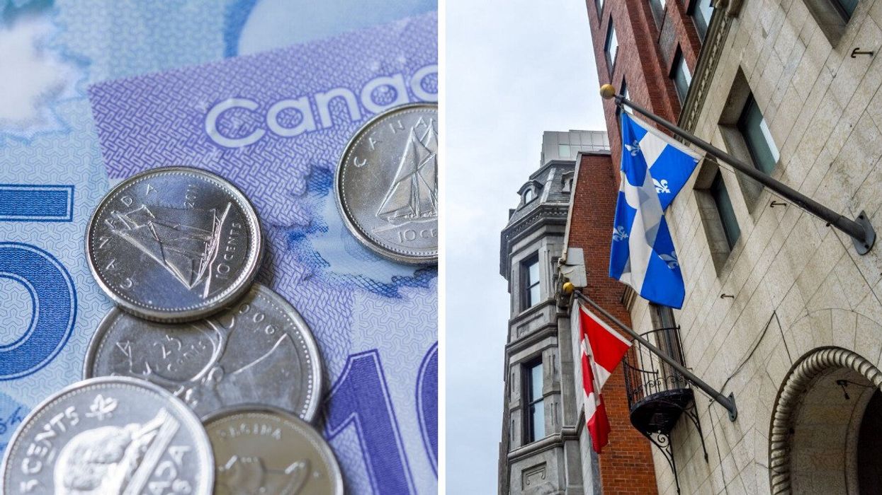 Canadian bills and coins. Right: The flags of Quebec and Canada on the side of a building (illustrative).