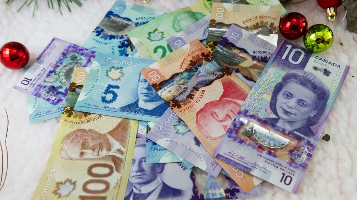 Canadian bills and holiday ornaments.