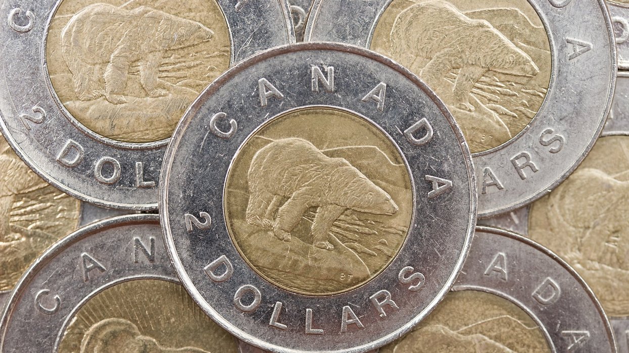 Canadian currency. Closeup of Canadian two dollar coins